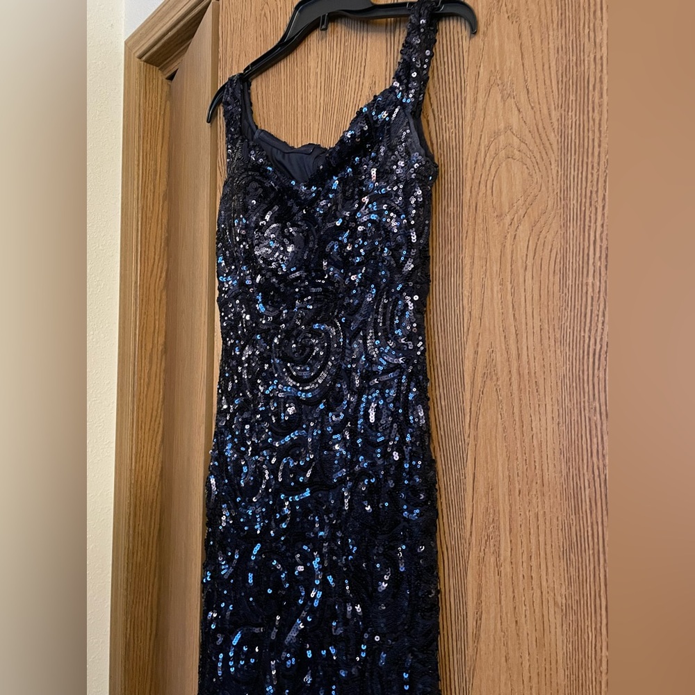 Night Sky Dark Blue Sequin Dress with Leg Slit. Good for Prom, Holiday Party